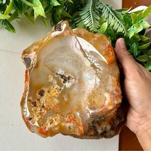 💎 Polished Agate Geode Bowl with Orange and Cream Banding